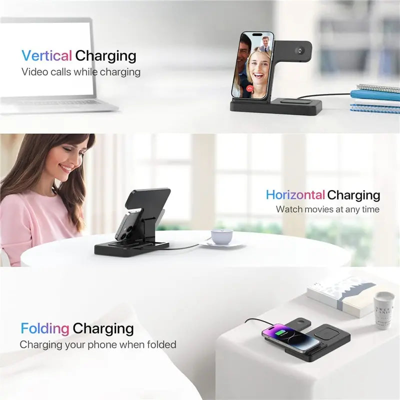 3 in 1 Wireless Charger Stand Pad for Iphone 14 13 12 11X8 Apple Watch 8 7 6 5 Airpods Foldable 15W Fast Charging Dock Station