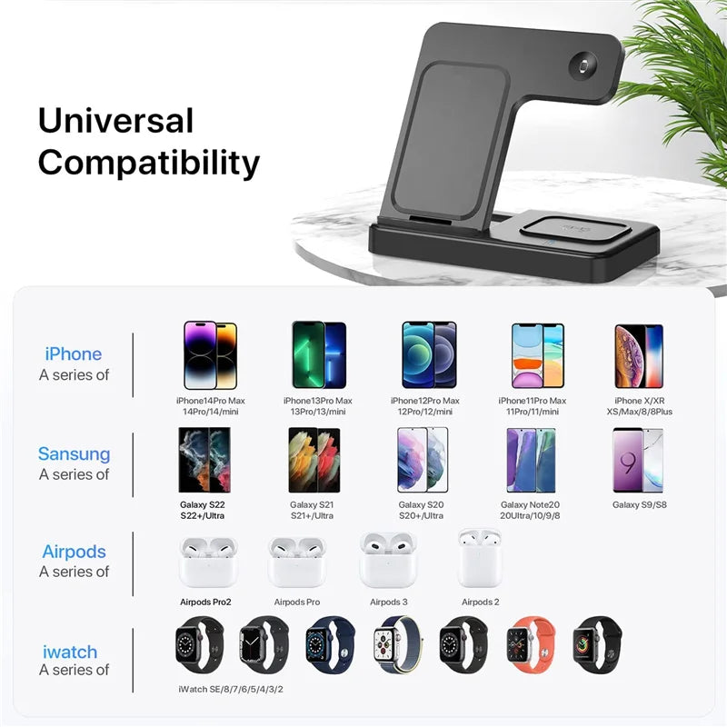 Wireless 3-in-1 Charging Station for iPhone, Samsung, Apple Watch, and AirPods - 15W Fast Charging Dock